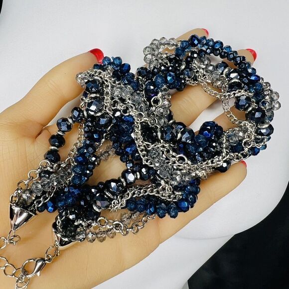 Vintage Necklace Midnight Blue Bling Multi Strand Faceted Beads Chain Wrap 1175 - Picture 4 of 11
